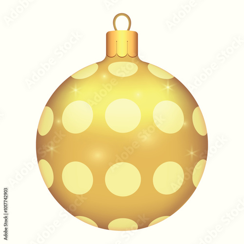 Beautiful gold Christmas balls with circle patterns on a white background with glitter. Decorations for New Year tree and Christmas design. Vector realistic object Illustration 10 EPS