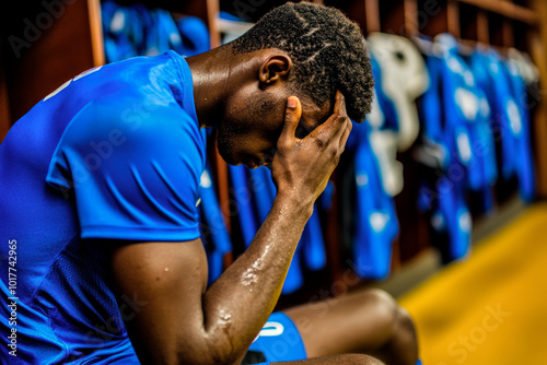 Soccer player reflecting after a match in locker room photo