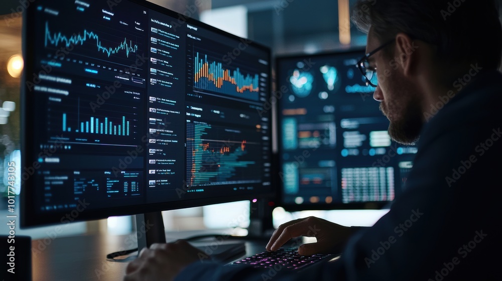 Comprehensive Data Visualization and Market Analytics on Multiple Computer Screens Comprehensive Data Visualization and Market Analytics on Multiple Computer Screens