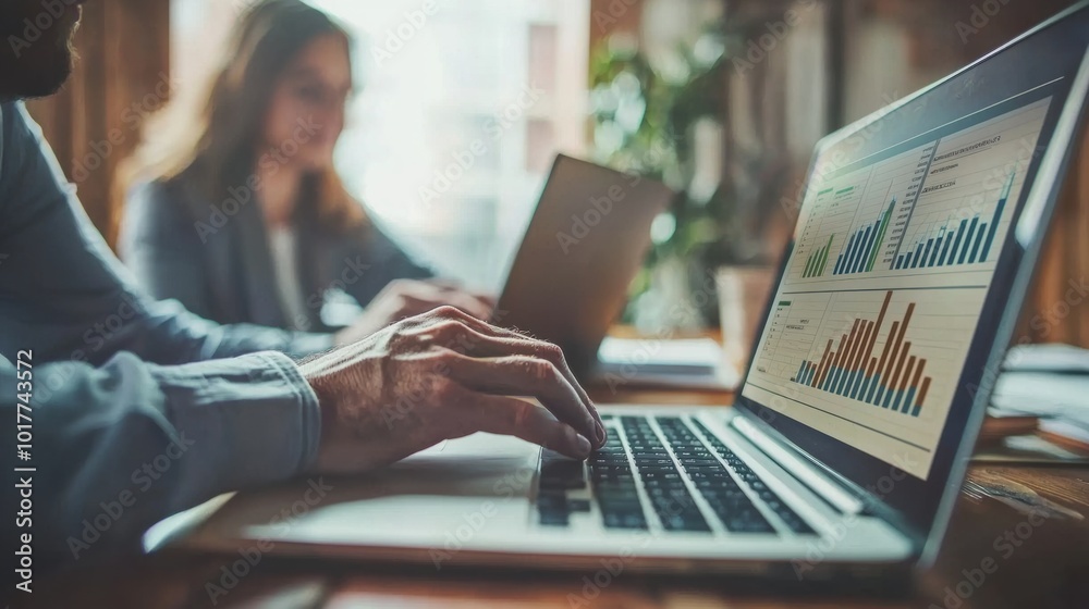 Focused Businesswoman Analyzing Data on Laptop in Office Environment Focused Businesswoman Analyzing Data on Laptop in Office Environment