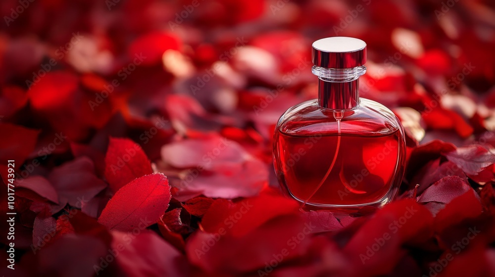 A bottle of perfume sits on a bed of red leaves. A bottle of perfume sits on a bed of red leaves.