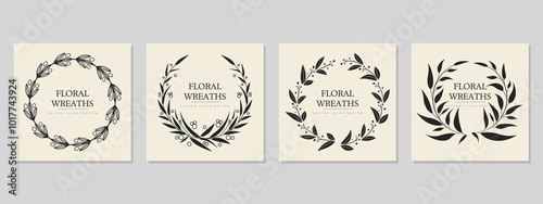 Four circular floral wreaths in black and white are detailed with leaves flowers and branches set against a light background. Ideal for wedding invitations greeting cards home decor scrapbooking and