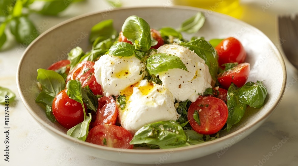 A bowl of creamy burrata salad sits on a table, ready to be enjoyed. A bowl of creamy burrata salad sits on a table, ready to be enjoyed.