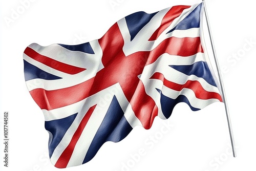 Union Jack flag waving in the wind, symbolizing British heritage and culture, on a white isolated background. photo