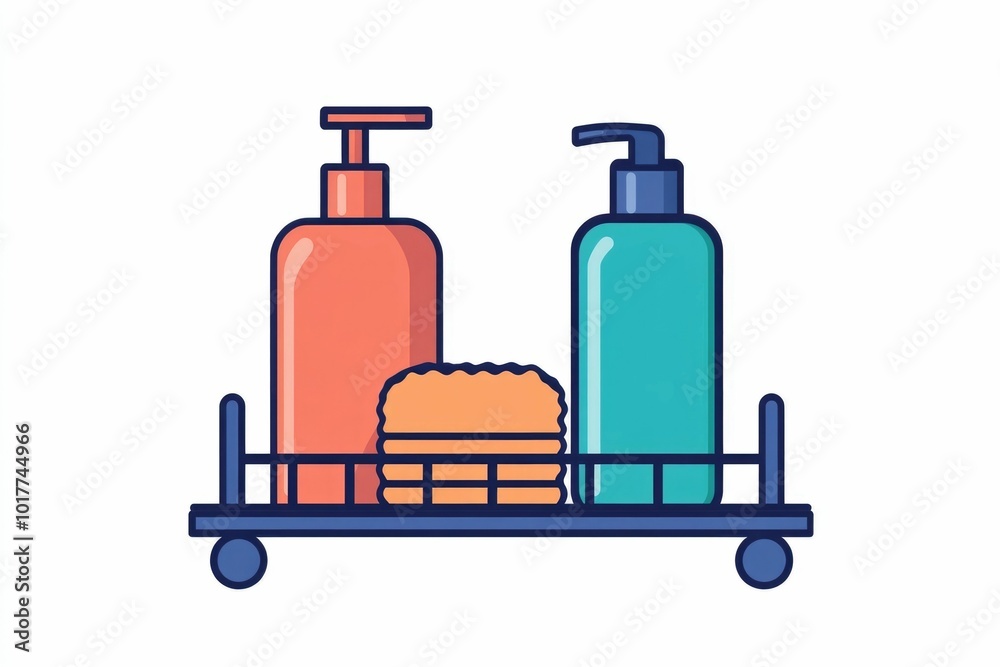 Minimalistic icon featuring a simple design of a dish rack  soap dispenser  and sponge set against a clean white background  showcasing a practical and organized household cleaning setup