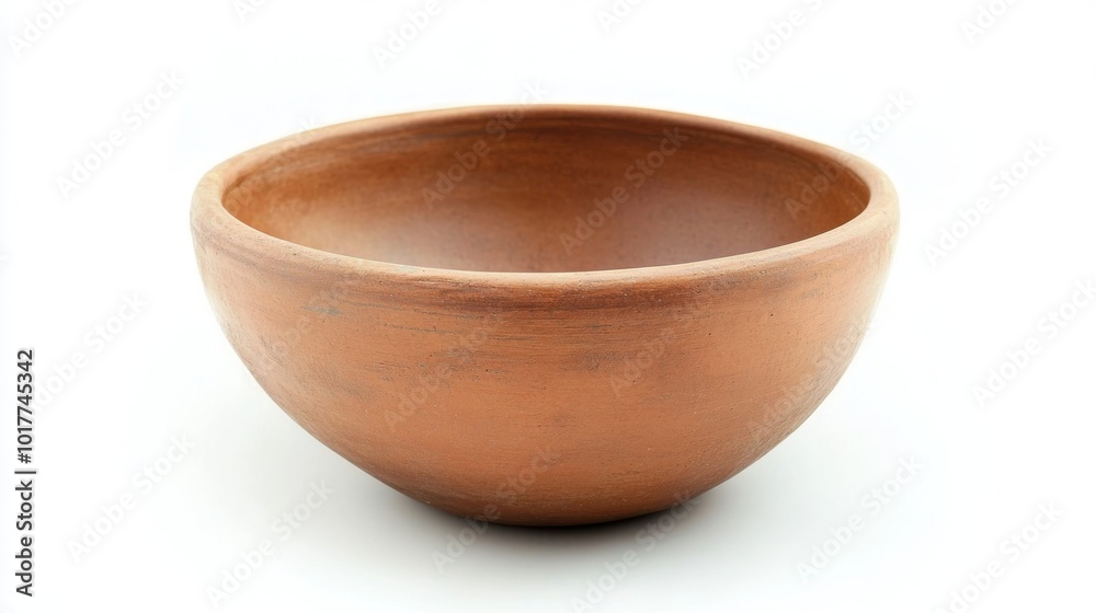 A brown clay bowl sits on a plain white background. A brown clay bowl sits on a plain white background.
