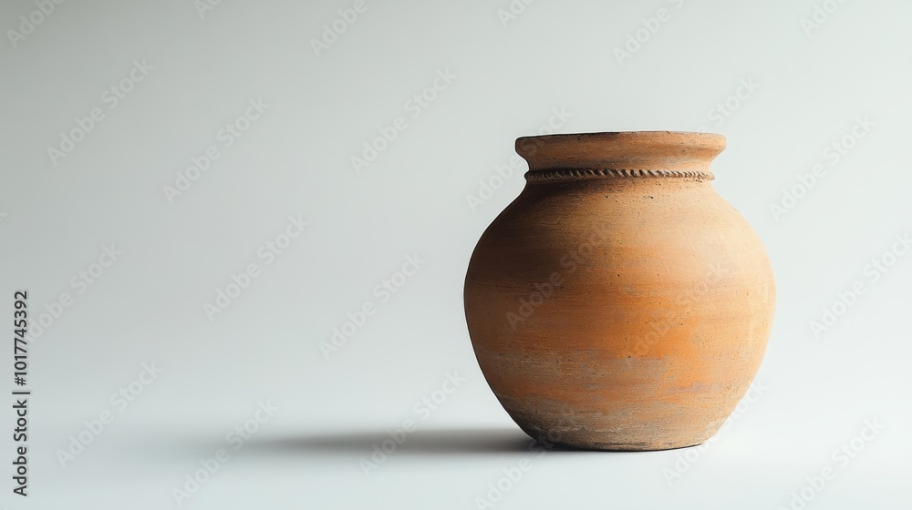 A brown clay pot stands out against a plain white backdrop.