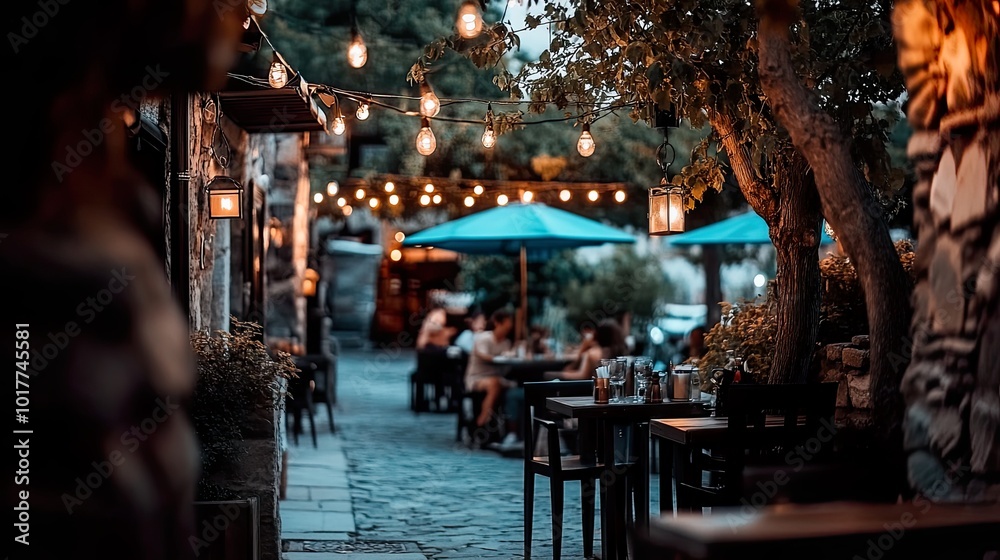 Cozy outdoor dining with string lights and umbrellas. Cozy outdoor dining with string lights and umbrellas.