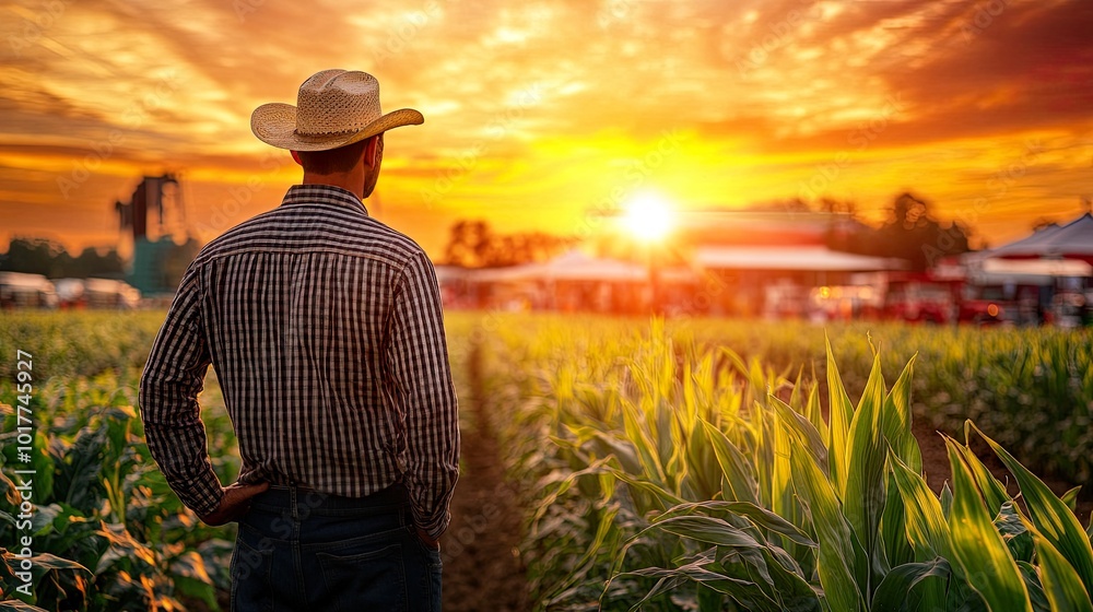 Farmer watching sunset over cornfield. Farmer watching sunset over cornfield.