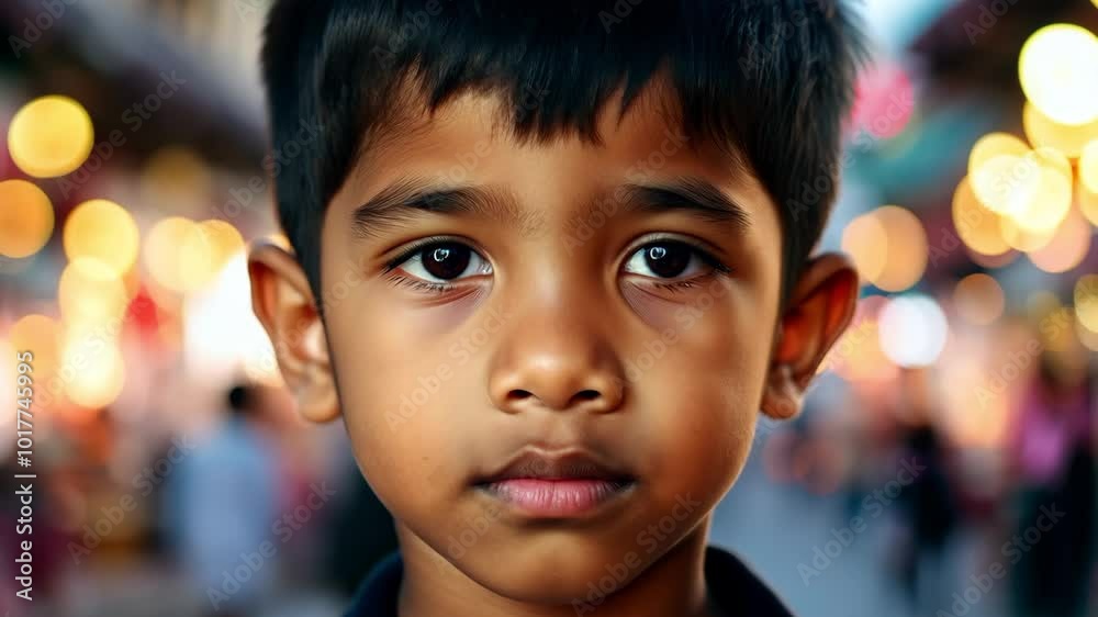 Portrait of a thoughtful child with vibrant urban background and bokeh lights Portrait of a thoughtful child with vibrant urban background and bokeh lights