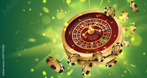 Golden poker chips, tokens with gold casino roulette wheel on green background with glitter, lightning. Vector illustration for casino, game design, advertising