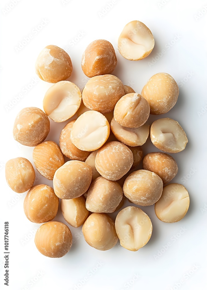 Peeled macadamian nuts layered out on a dark plate Peeled macadamian nuts layered out on a dark plate