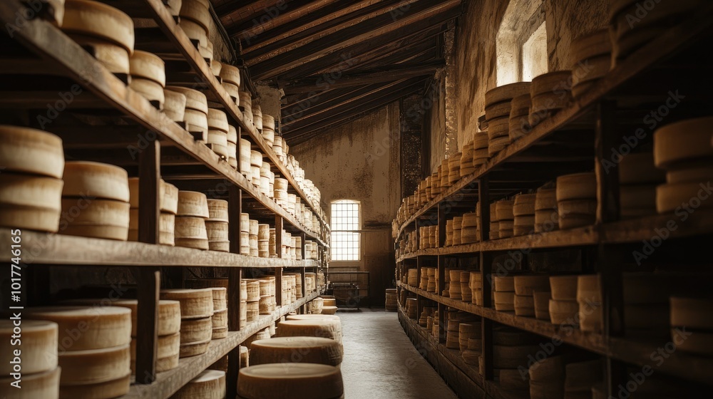 Obraz premium Aged Parmigiano cheese wheels resting on tall wooden shelves in a Parma factory. The setting captures the authentic cheese-making process, showcasing years of tradition.