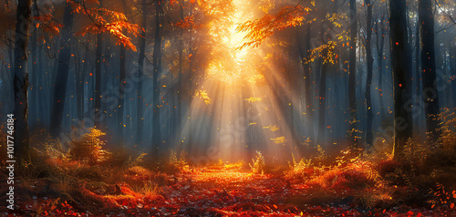 Forest Landscape with Mist and Sunbeams