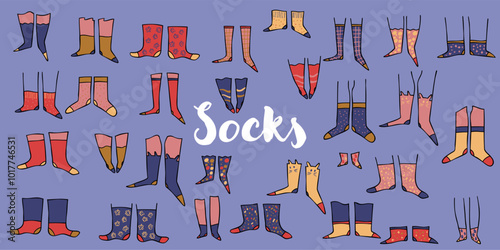 Fun and cute flat vector illustration of legs wearing playful, colorful socks with a simple line design. Perfect for creative projects related to fashion, lifestyle, or quirky accessories