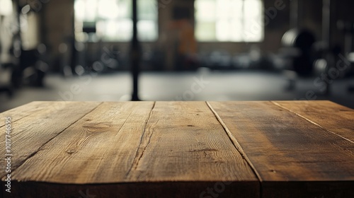 An empty, aged wooden tabletop with visible grain, set against a blurred gym background, offering space for product display or branding mockups photo