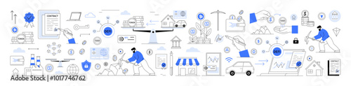 Smart contracts, decentralized finance, cryptocurrency. Business activities graphs, charts, buildings and laptops. Economic, financial, corporate growth, market analysis and technology presentations