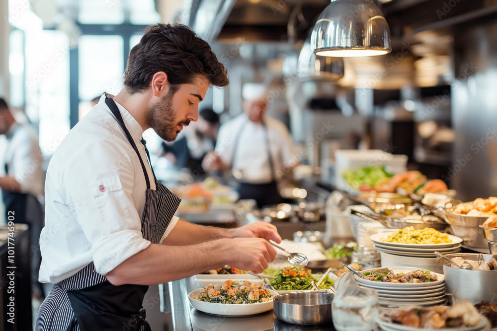 A chef in a bustling open kitchen, communicating with the staff while checking multiple dishes, intense energy in a fast-paced restaurant. A chef in a bustling open kitchen, communicating with the staff while checking multiple dishes, intense energy in a fast-paced restaurant.