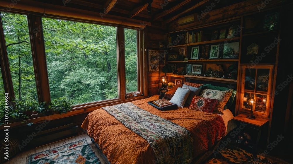 Bedroom inside a woodland cabin, with a cozy bed, rustic decor, and a large window revealing the lush greenery outside.