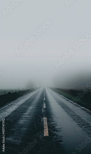 Misty road stretching into the fog, creating a serene and mysterious atmosphere