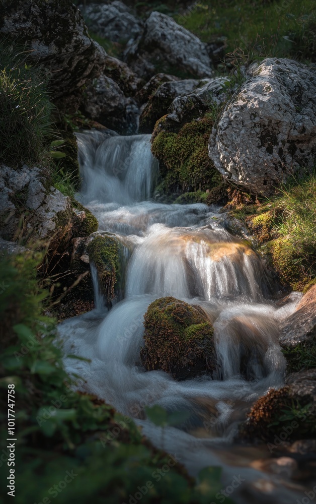 Small waterfall flowing over moss-covered rocks in an autumn forest Generative AI Small waterfall flowing over moss-covered rocks in an autumn forest Generative AI