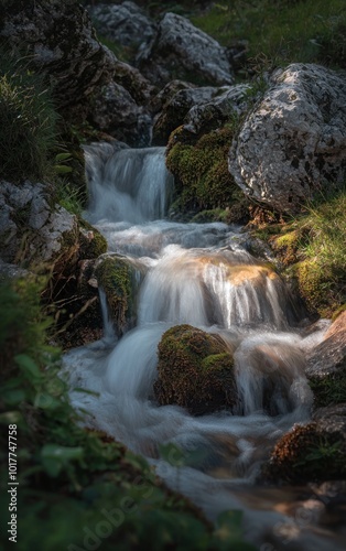 Small waterfall flowing over moss-covered rocks in an autumn forest Generative AI