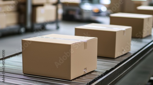 Organized storage warehouse with stacked cardboard boxes and logistics equipment