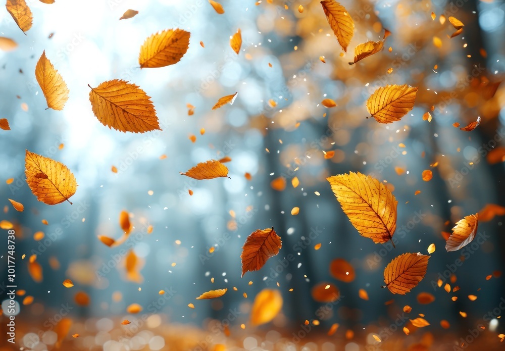 Close-up of golden autumn leaves hanging from branches with a soft glowing bokeh background and gentle falling particles Generative AI Close-up of golden autumn leaves hanging from branches with a soft glowing bokeh background and gentle falling particles Generative AI