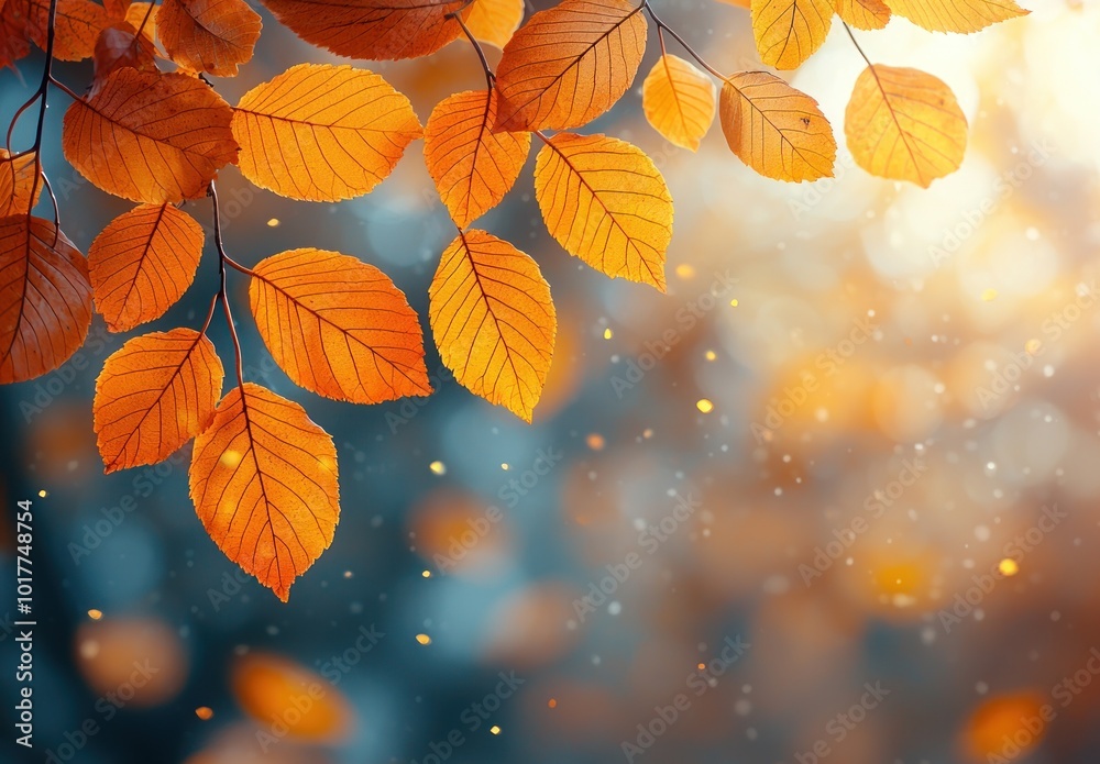Close-up of golden autumn leaves hanging from branches with a soft glowing bokeh background and gentle falling particles Generative AI Close-up of golden autumn leaves hanging from branches with a soft glowing bokeh background and gentle falling particles Generative AI