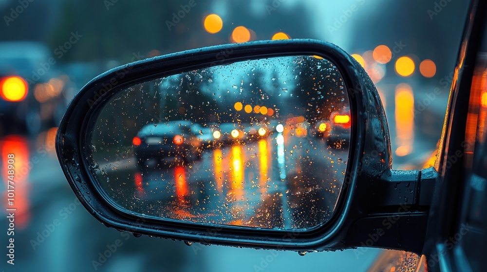 Rearview mirror reflection of a wet street with autumn trees and cars during sunset Generative AI Rearview mirror reflection of a wet street with autumn trees and cars during sunset Generative AI