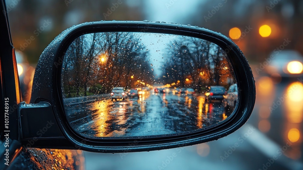 Rearview mirror reflection of a wet street with autumn trees and cars during sunset Generative AI Rearview mirror reflection of a wet street with autumn trees and cars during sunset Generative AI