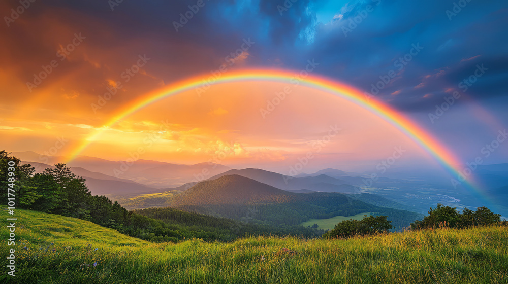 Naklejka premium Breathtaking Rainbow Over Lush Green Landscape