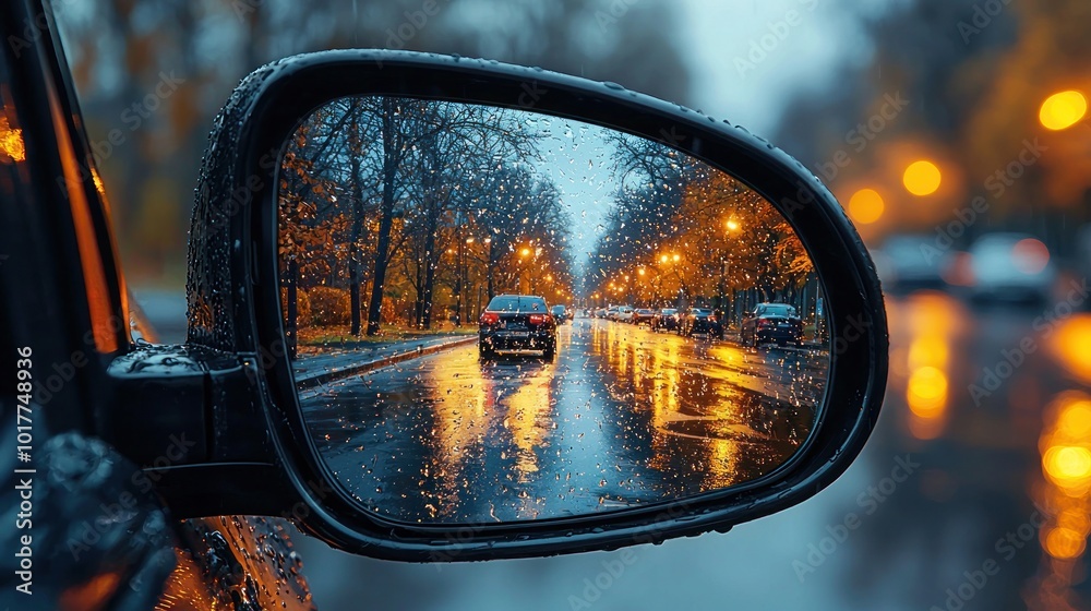 Rearview mirror reflection of a wet street with autumn trees and cars during sunset Generative AI Rearview mirror reflection of a wet street with autumn trees and cars during sunset Generative AI