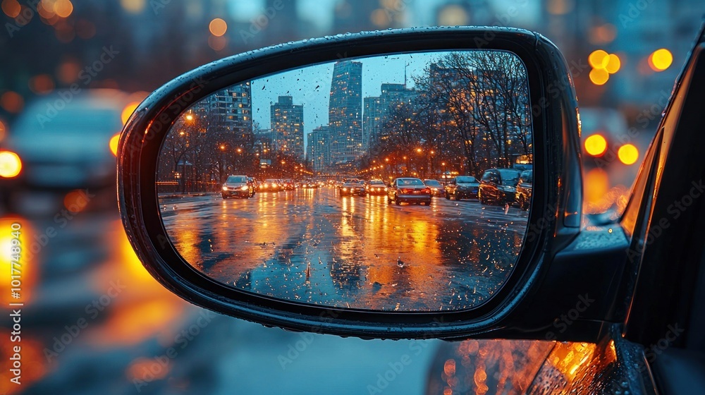Rearview mirror reflection of a wet street with autumn trees and cars during sunset Generative AI