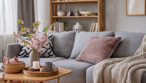 Interior design of scandinavian living room with stylish grey sofa, coffee table, spring flowers, decoration, pillows, plaid, tray and elegant personal accessories in modern home decor.