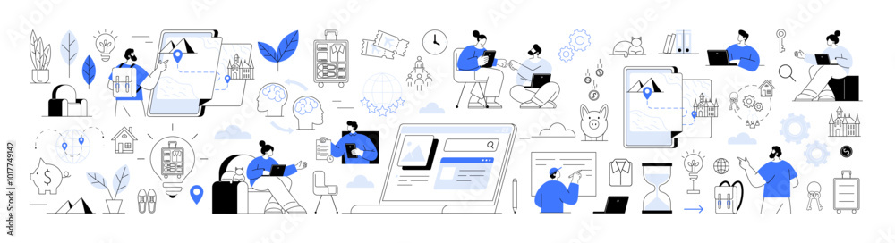 Remote work, travel lifestyle, co-working space. People working at desks and remotely in modern office setting with technology. Ideal for business, productivity, remote work, technology, communication Remote work, travel lifestyle, co-working space. People working at desks and remotely in modern office setting with technology. Ideal for business, productivity, remote work, technology, communication