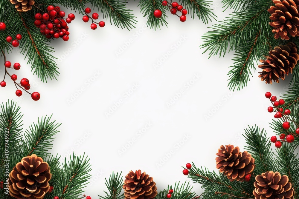 Christmas border with tree branches red berries pine cones. Christmas border with tree branches red berries pine cones.