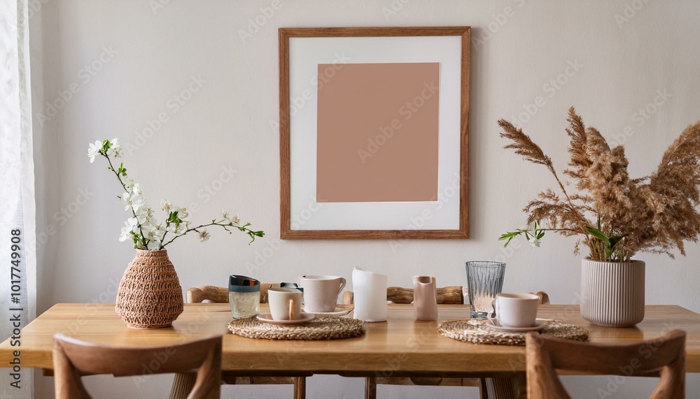 Stylish scandinavian dining room interior with mock up poster frame, wooden table, furniture, cups of coffee, flowers in vase and elegant accessories. Ready to use. Template. Modern home decor. Stylish scandinavian dining room interior with mock up poster frame, wooden table, furniture, cups of coffee, flowers in vase and elegant accessories. Ready to use. Template. Modern home decor.