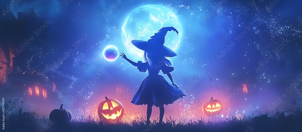 Naklejka premium little witch on halloween night