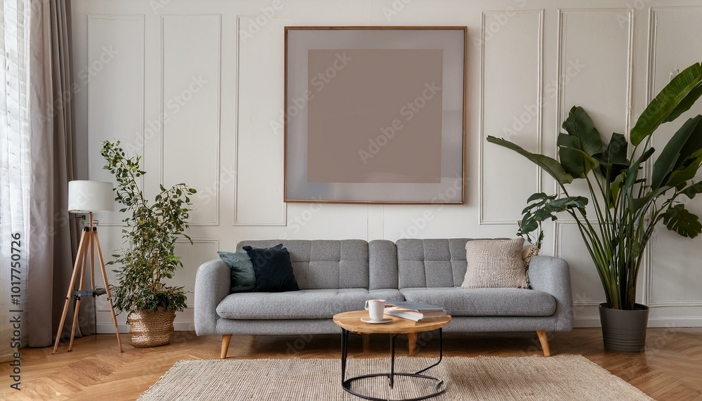 Fototapeta premium Elegant retro living room with design grey sofa, coffee table, lamp, plants and furniture. Mock up posters frame on the white walls. Minimalistic room with brown wooden parquet and design lamp.