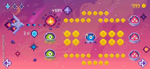 A spaceship firing at alien creatures with pixel graphics. Alien and coin sprites fill a vibrant setting with cosmic objects and score indicators. Ideal for retro games, alien invasion, space