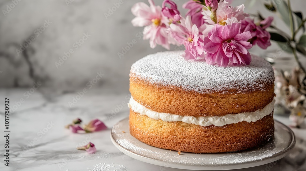 Elegant Victoria sponge cake with a dusting of powdered sugar, set on a marble countertop with floral decor.