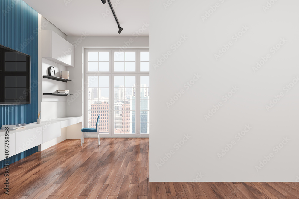 Fototapeta premium Home living room interior with tv screen, table, drawer and window. Mockup wall