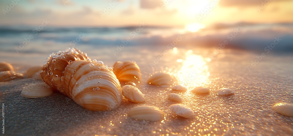 Seashells on a sandy beach at sunset with the ocean waves in the background. Seashells on a sandy beach at sunset with the ocean waves in the background.