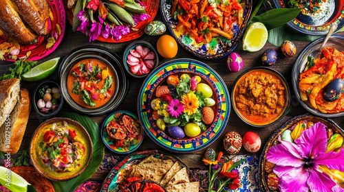 Bright and cheerful Easter table setup, complete with colorful plates, a floral centerpiece, and traditional foods like deviled eggs and Easter bread. --chaos 70