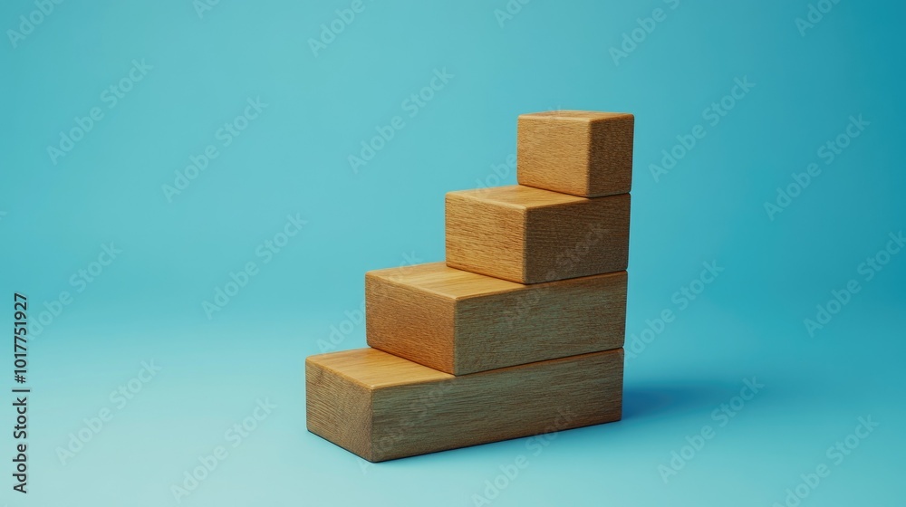 Business growth concept featuring wooden blocks forming a staircase on a blue background. A simple yet powerful visual with space for branding or text. Business growth concept featuring wooden blocks forming a staircase on a blue background. A simple yet powerful visual with space for branding or text.