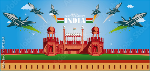 happy independence day illustration Flying helicopter jet vector rad fort india