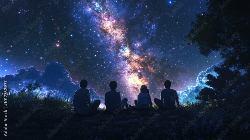 Group of friends sitting outdoors, watching a starry night sky with glowing stars and a vibrant galaxy.