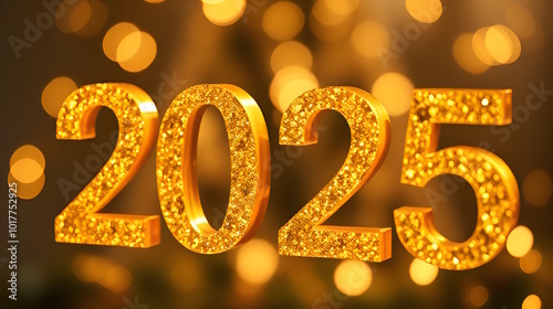 2025 golden number, Happy New Year, welcome 2025, blurred background, greeting card, free space for text.