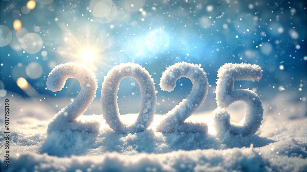 2025 white text on snowy sunny background, Happy New Year and Christmas banner, free space for text. 2025 white text on snowy sunny background, Happy New Year and Christmas banner, free space for text.